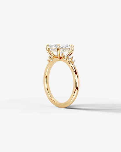 Marquise Cut Lab Diamond Engagement Ring with floral side stones and Hidden halo| D VS1