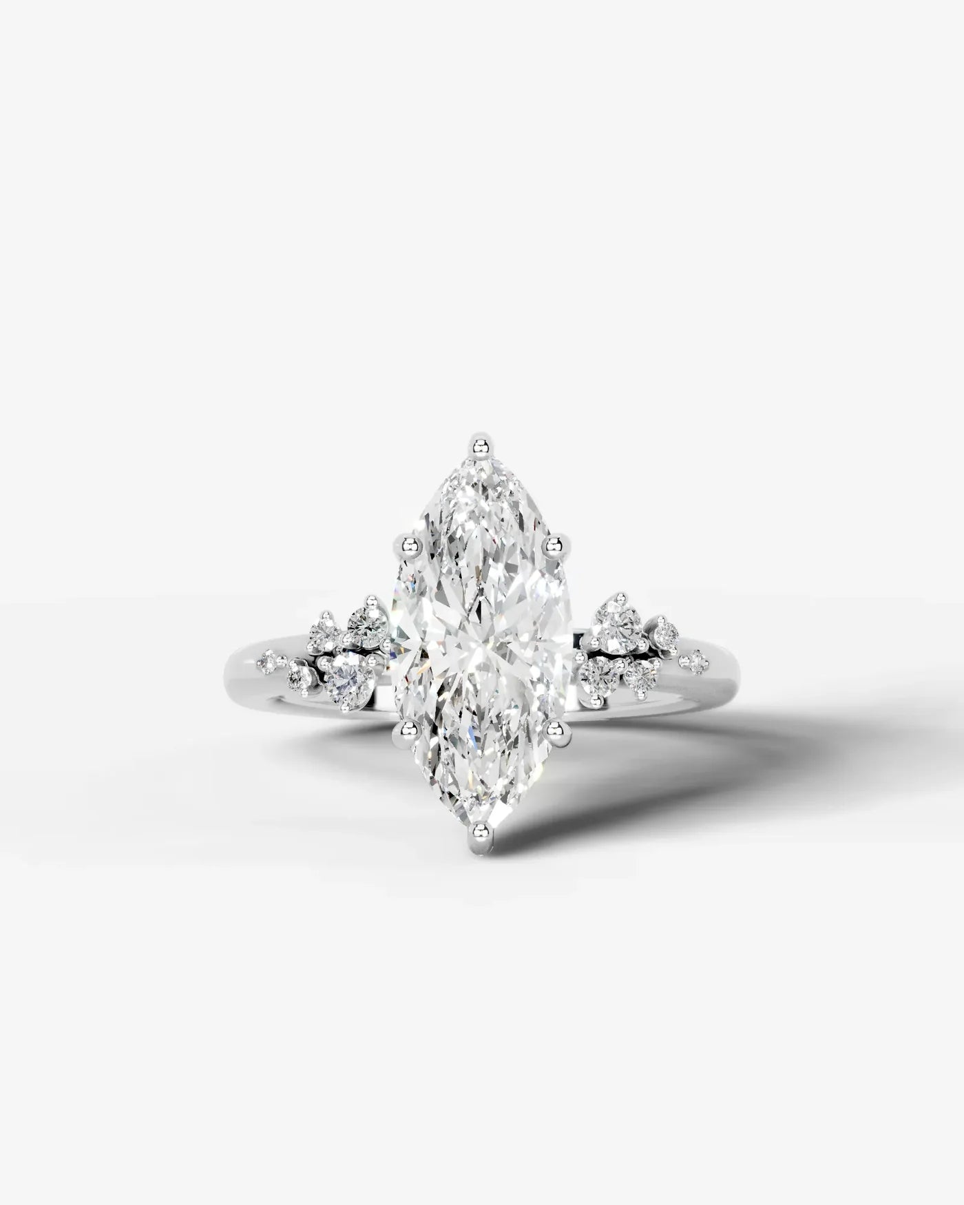 Marquise Cut Lab Diamond Engagement Ring with floral side stones and Hidden halo| D VS1