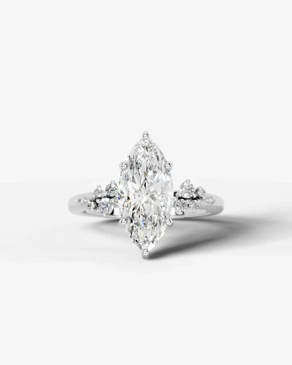 Marquise Cut Lab Diamond Engagement Ring with floral side stones and Hidden halo| D VS1