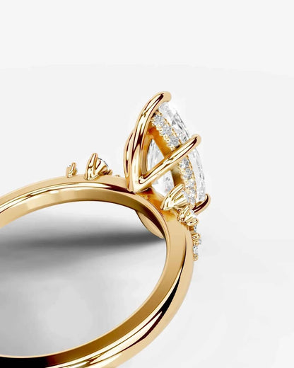 Marquise Cut Lab Diamond Engagement Ring with floral side stones and Hidden halo| D VS1