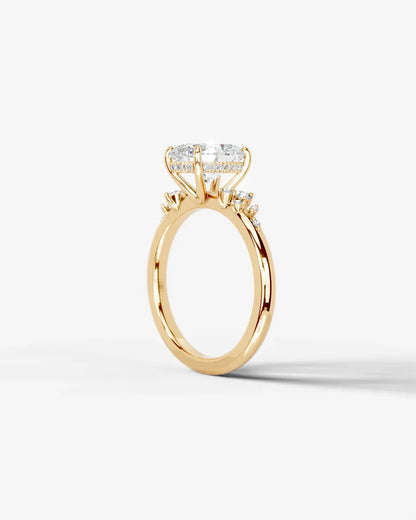 Oval Cut Lab Diamond Engagement Ring with floral side stones and Hidden halo| D VS1