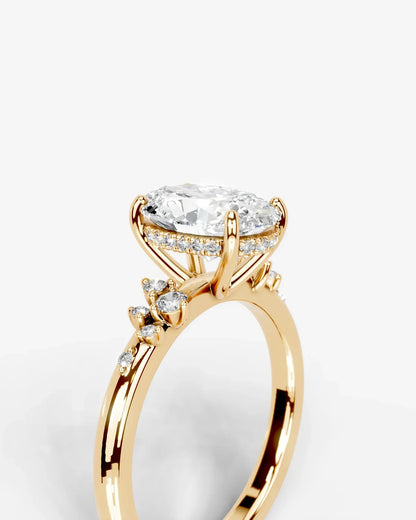 Oval Cut Lab Diamond Engagement Ring with floral side stones and Hidden halo| D VS1