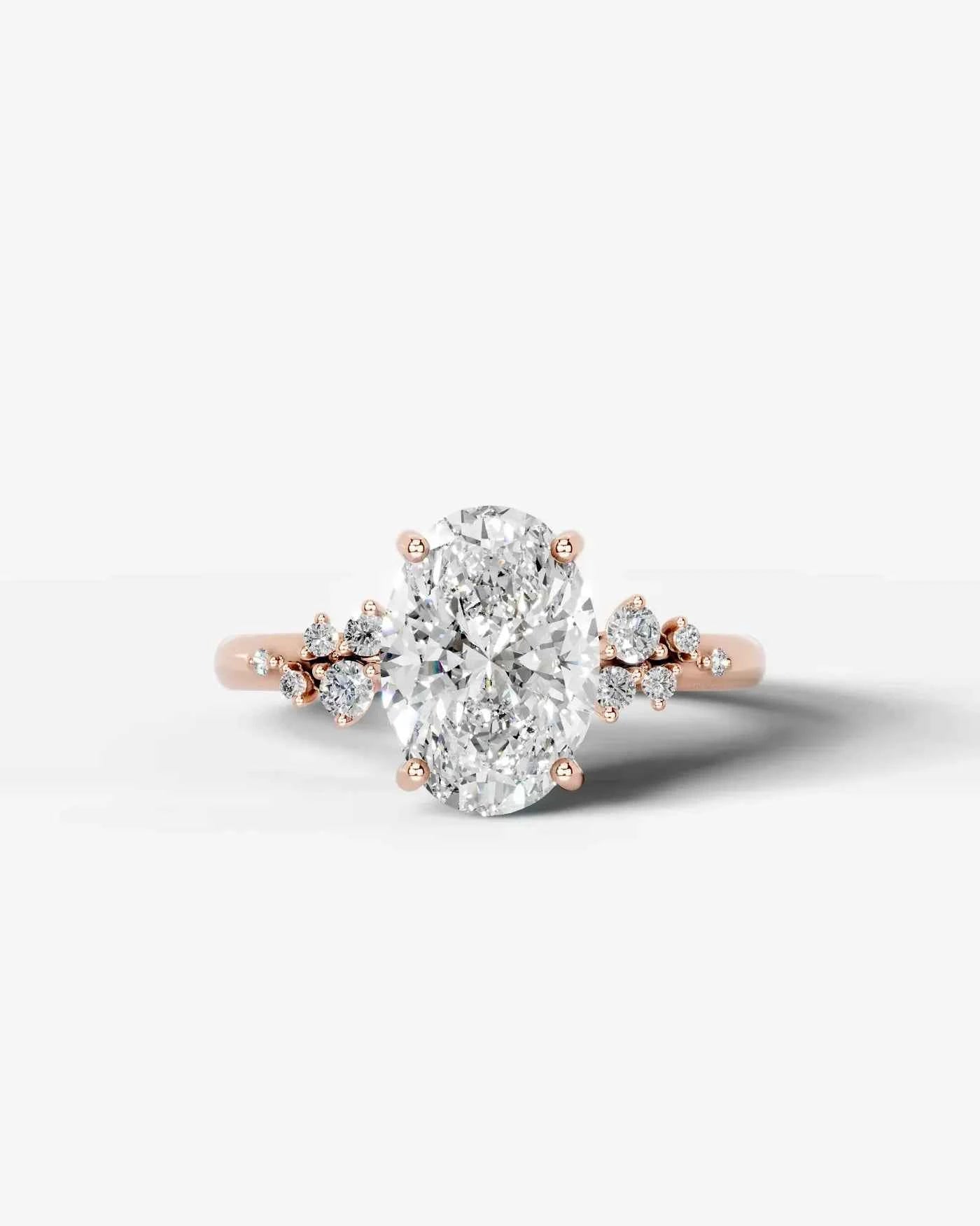 Oval Cut Lab Diamond Engagement Ring with floral side stones and Hidden halo| D VS1