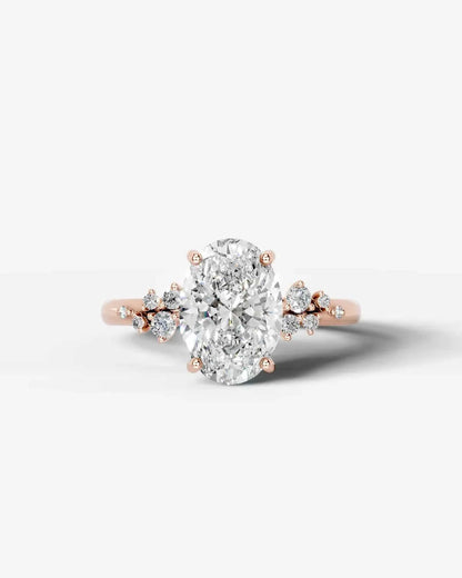 Oval Cut Lab Diamond Engagement Ring with floral side stones and Hidden halo| D VS1