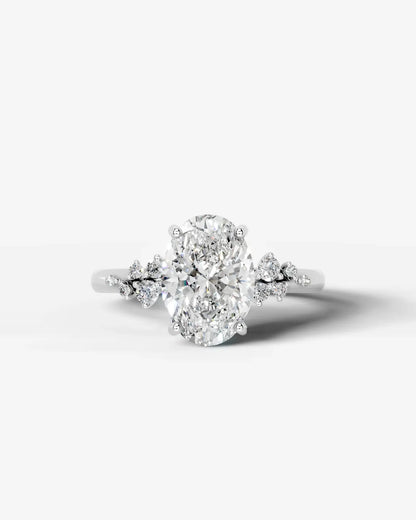 Oval Cut Lab Diamond Engagement Ring with floral side stones and Hidden halo| D VS1