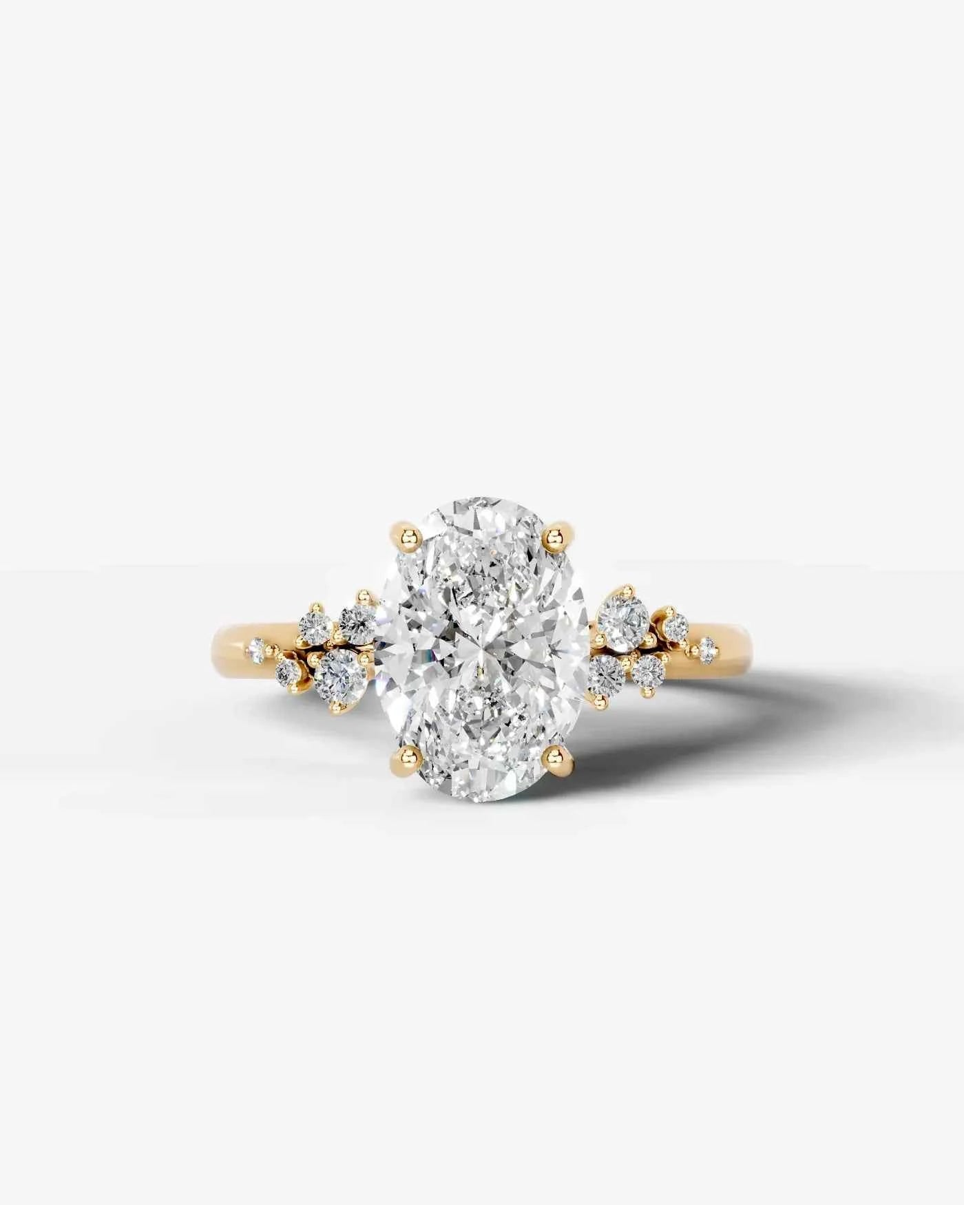 Oval Cut Lab Diamond Engagement Ring with floral side stones and Hidden halo| D VS1
