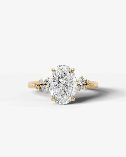Oval Cut Lab Diamond Engagement Ring with floral side stones and Hidden halo| D VS1