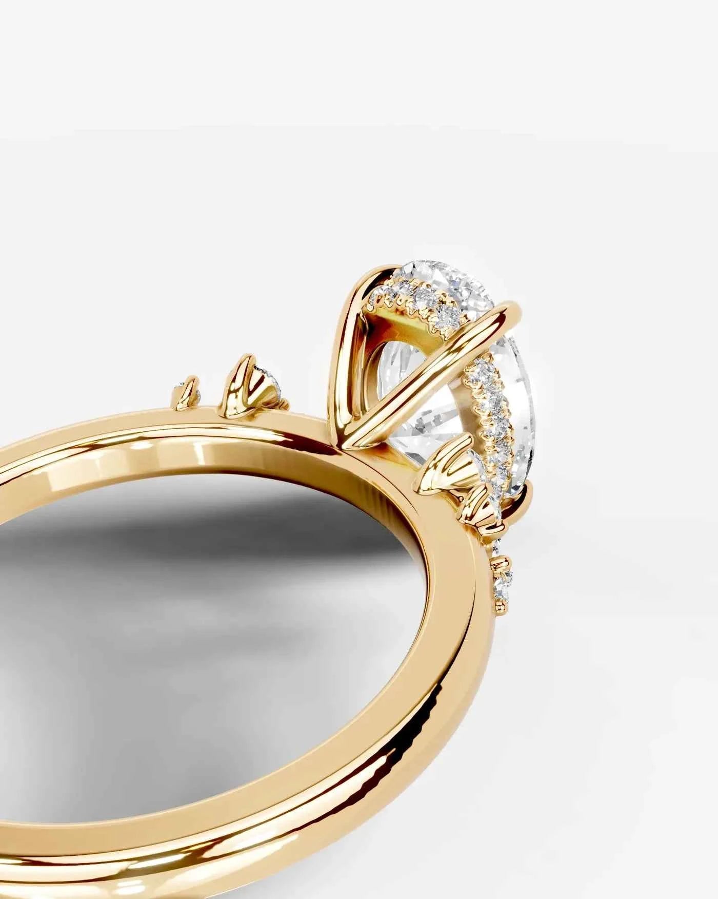 Oval Cut Lab Diamond Engagement Ring with floral side stones and Hidden halo| D VS1