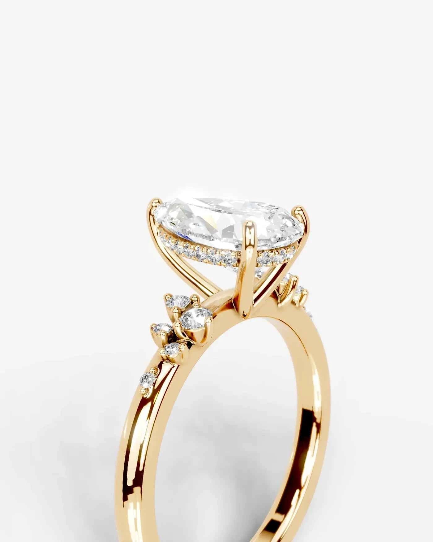 Pear Cut Lab Diamond Engagement Ring with floral side stones and Hidden halo| D VS1