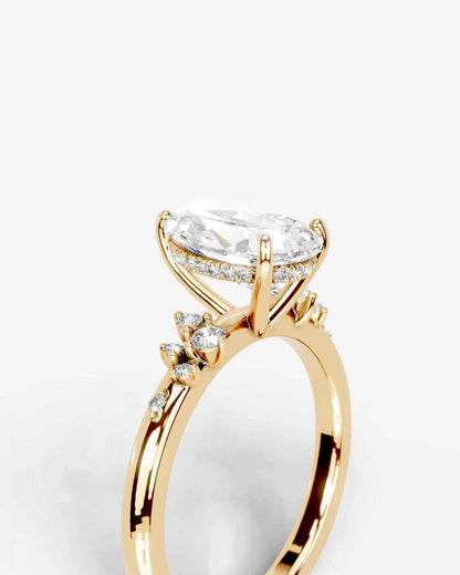Pear Cut Lab Diamond Engagement Ring with floral side stones and Hidden halo| D VS1