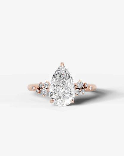 Pear Cut Lab Diamond Engagement Ring with floral side stones and Hidden halo| D VS1