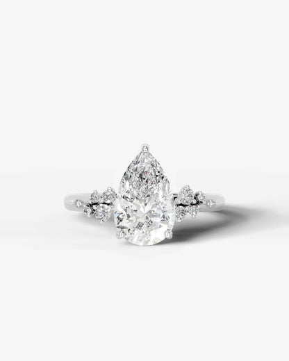 Pear Cut Lab Diamond Engagement Ring with floral side stones and Hidden halo| D VS1