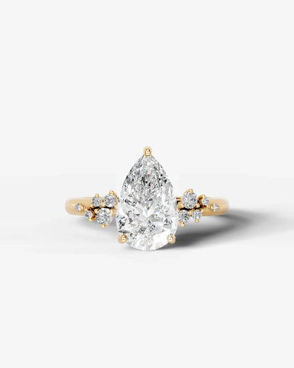 Pear Cut Lab Diamond Engagement Ring with floral side stones and Hidden halo| D VS1