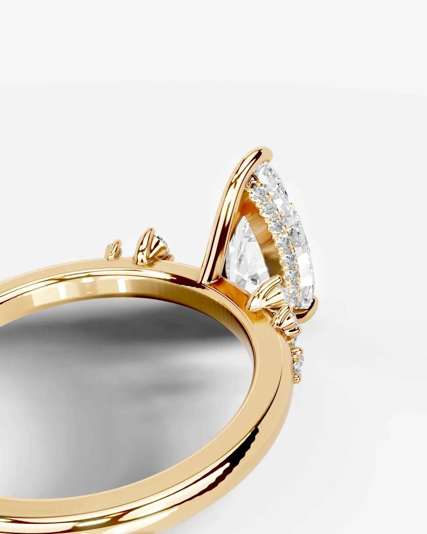Pear Cut Lab Diamond Engagement Ring with floral side stones and Hidden halo| D VS1