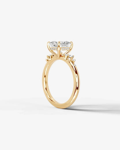 Princess Cut Lab Diamond Engagement Ring with floral side stones and Hidden halo| D VS1