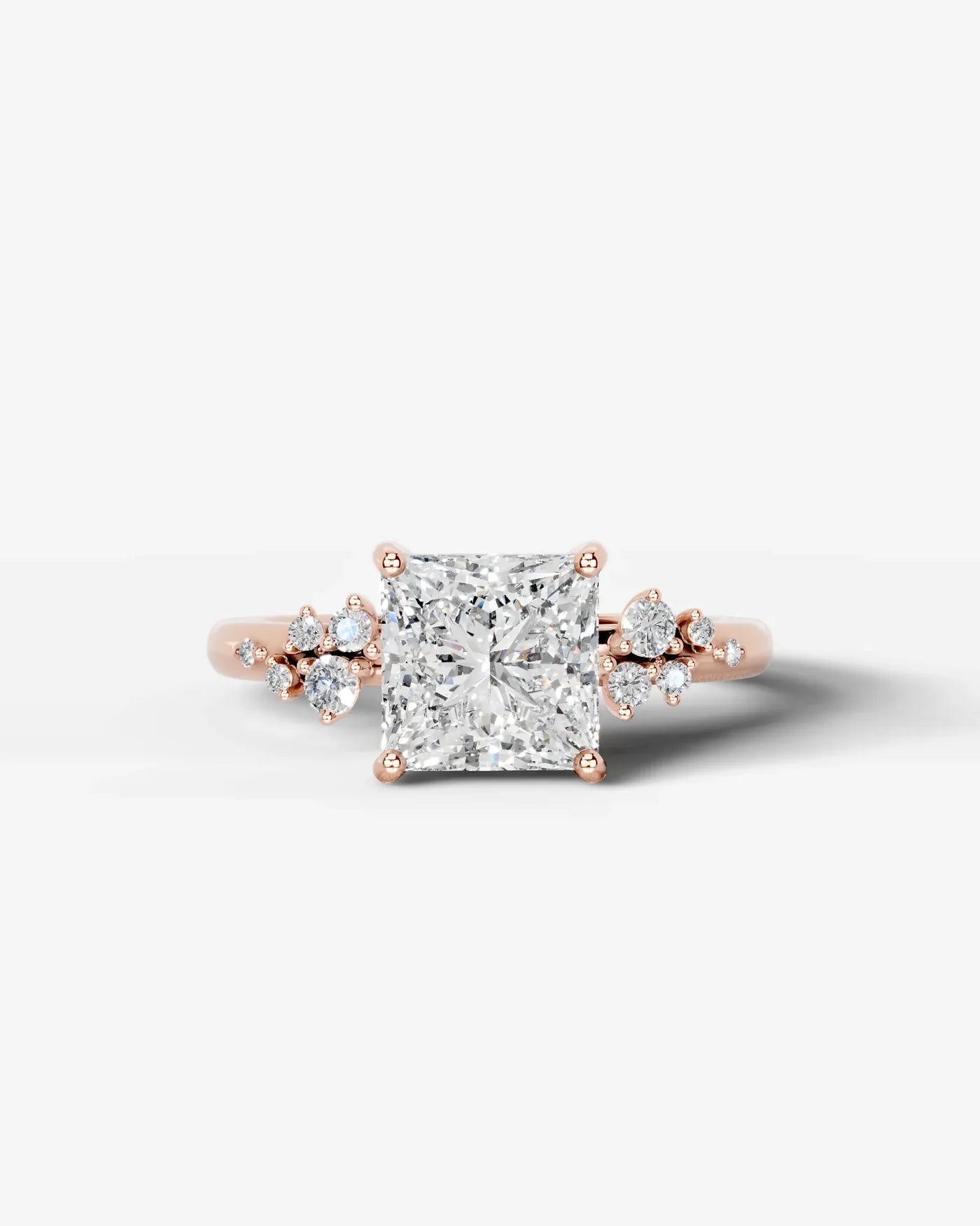 Princess Cut Lab Diamond Engagement Ring with floral side stones and Hidden halo| D VS1