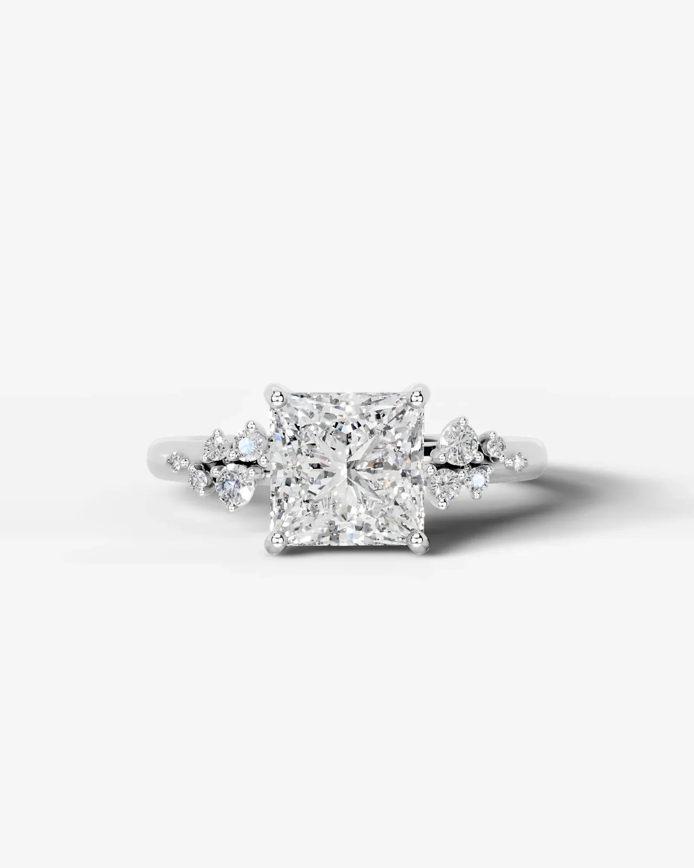 Princess Cut Lab Diamond Engagement Ring with floral side stones and Hidden halo| D VS1