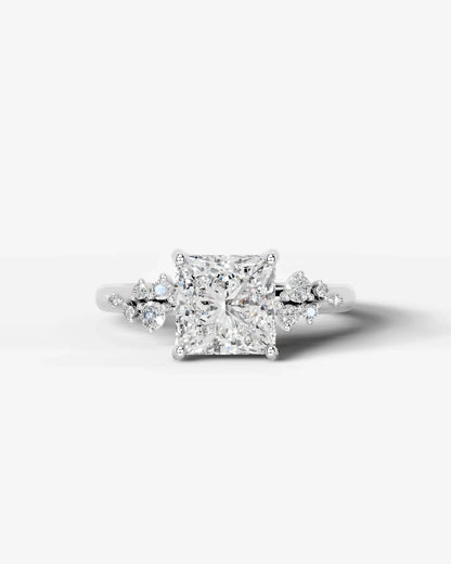Princess Cut Lab Diamond Engagement Ring with floral side stones and Hidden halo| D VS1