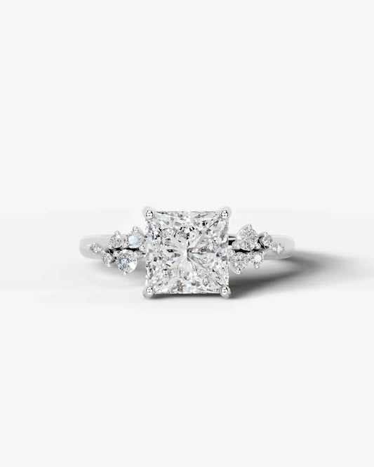 Princess Cut Lab Diamond Engagement Ring with floral side stones and Hidden halo| D VS1