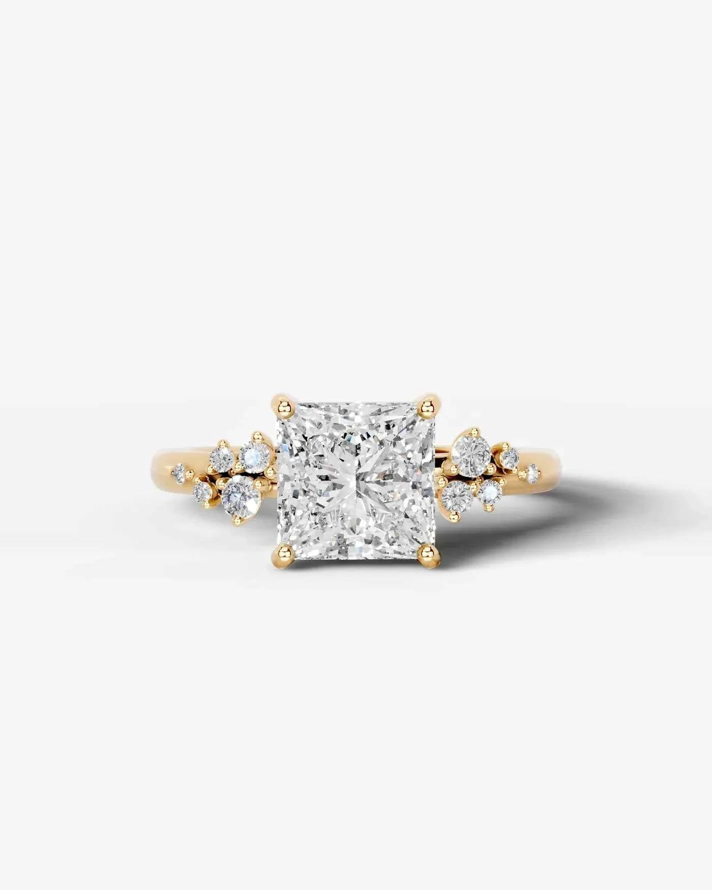 Princess Cut Lab Diamond Engagement Ring with floral side stones and Hidden halo| D VS1