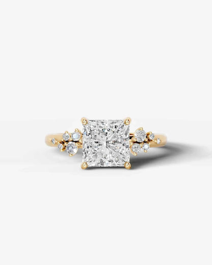 Princess Cut Lab Diamond Engagement Ring with floral side stones and Hidden halo| D VS1
