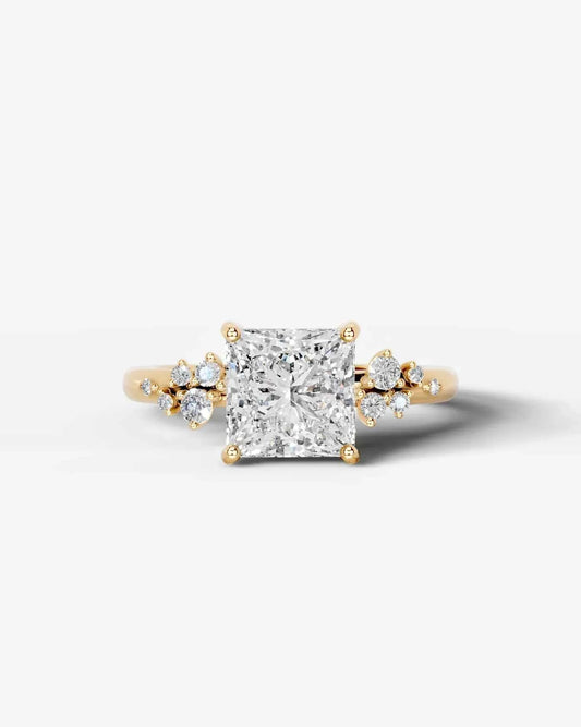 Princess Cut Lab Diamond Engagement Ring with floral side stones and Hidden halo| D VS1