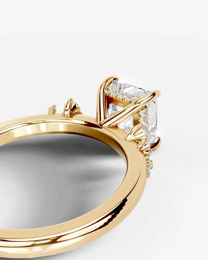 Princess Cut Lab Diamond Engagement Ring with floral side stones and Hidden halo| D VS1