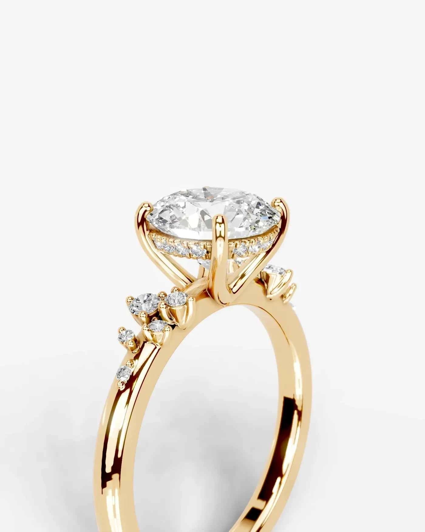 Round Cut Lab Diamond Engagement Ring with floral side stones and Hidden halo| D VS1