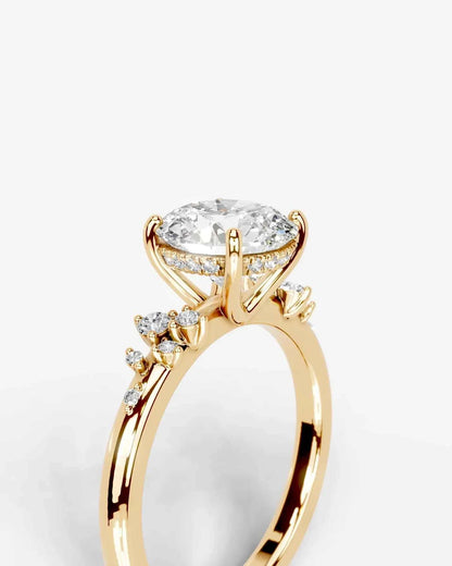 Round Cut Lab Diamond Engagement Ring with floral side stones and Hidden halo| D VS1