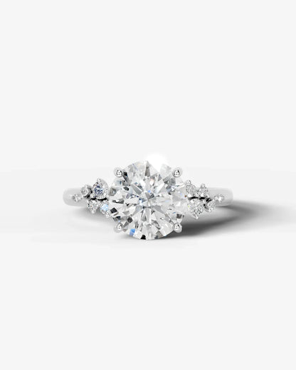 Round Cut Lab Diamond Engagement Ring with floral side stones and Hidden halo| D VS1