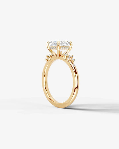 Cushion Cut Lab Diamond Engagement Ring with floral side stones and Hidden halo| D VS1
