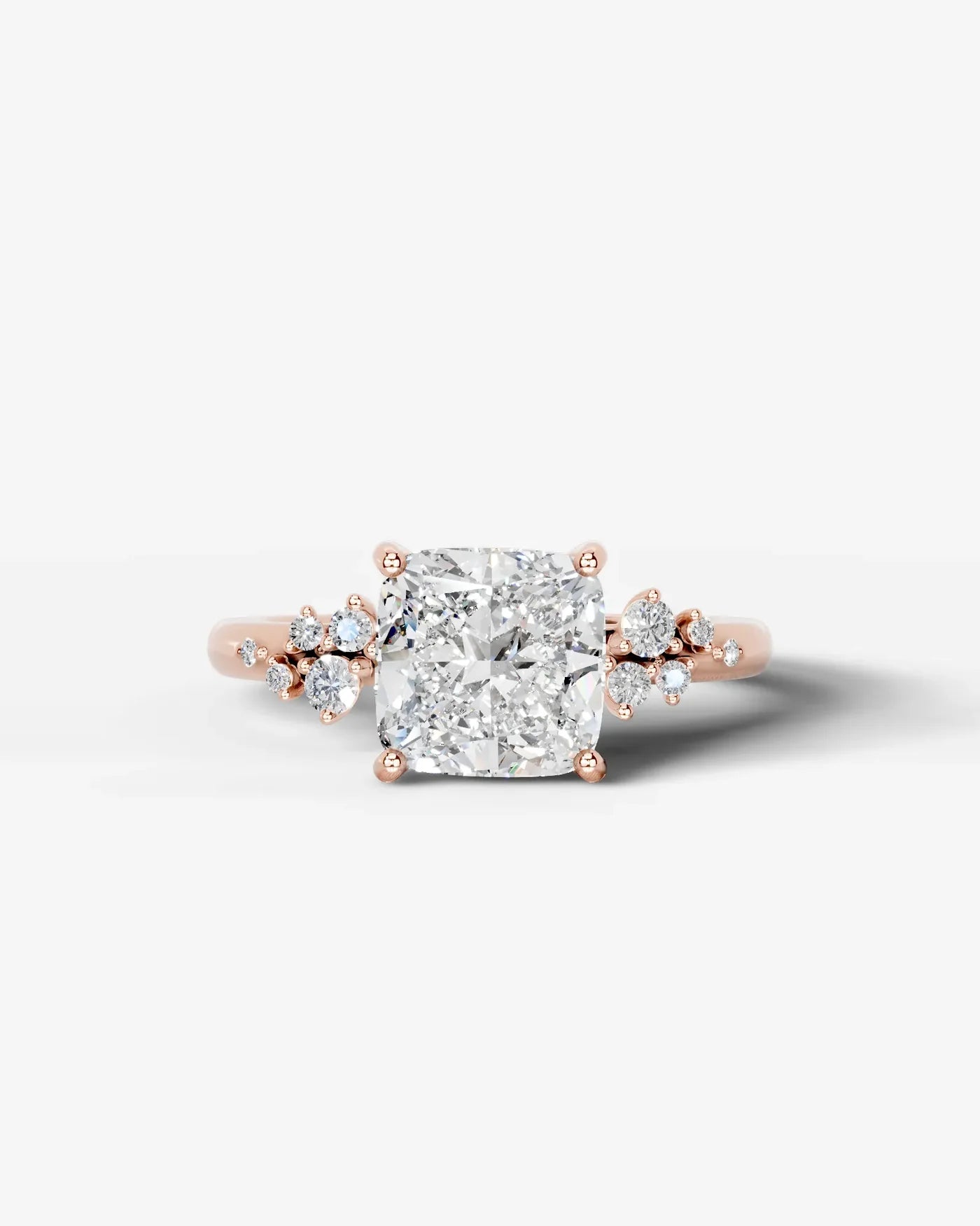 Cushion Cut Lab Diamond Engagement Ring with floral side stones and Hidden halo| D VS1