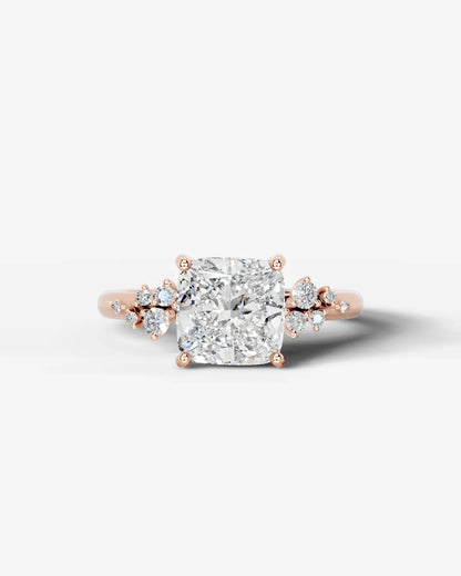 Cushion Cut Lab Diamond Engagement Ring with floral side stones and Hidden halo| D VS1