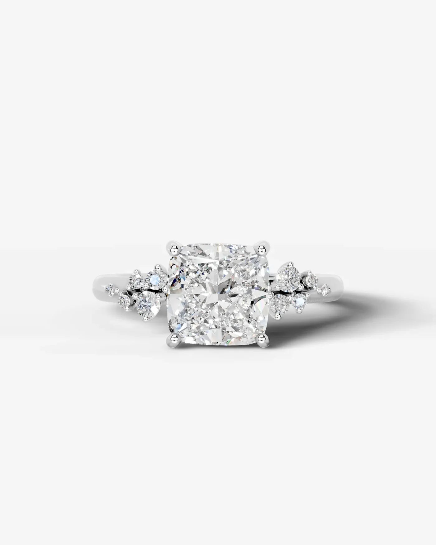 Cushion Cut Lab Diamond Engagement Ring with floral side stones and Hidden halo| D VS1