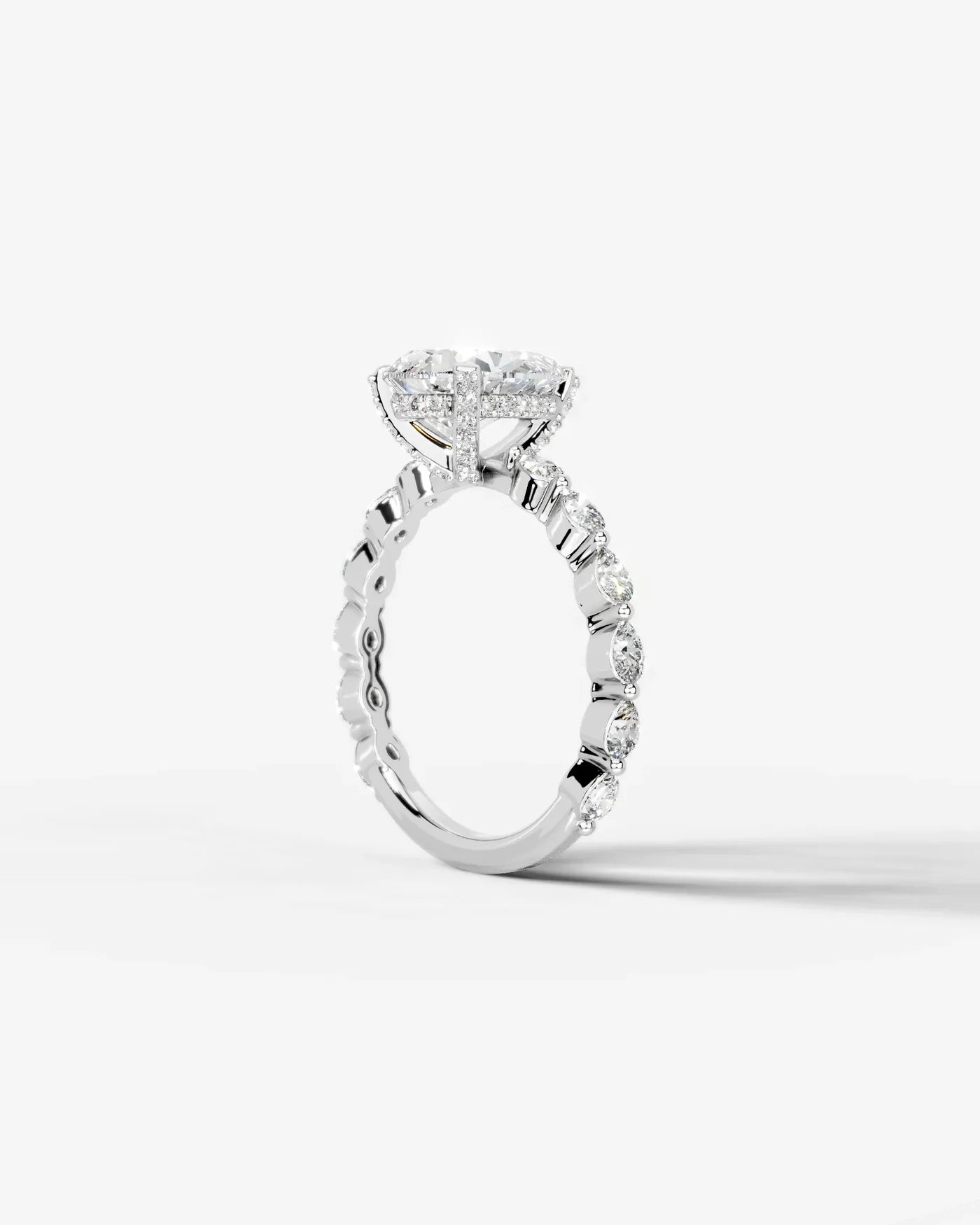 Pear Cut Hidden Halo Lab Grown Diamond Engagement Ring with Pear Side Stones| D VS1