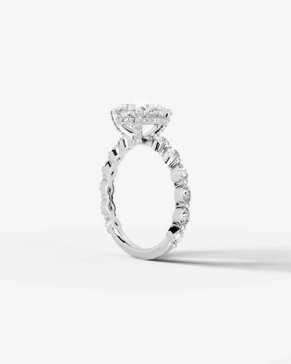 Pear Cut Hidden Halo Lab Grown Diamond Engagement Ring with Pear Side Stones| D VS1