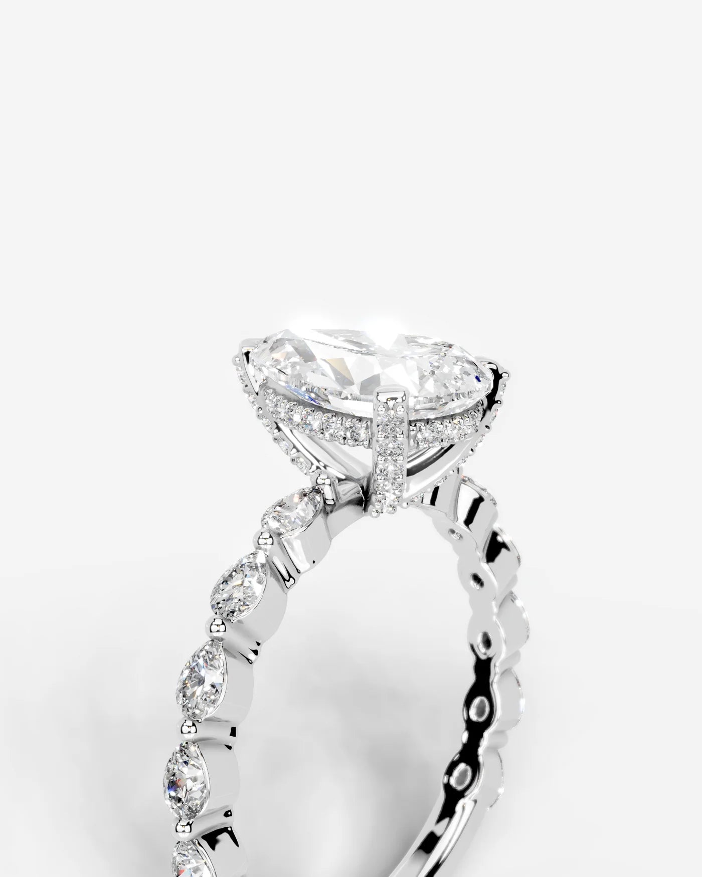 Pear Cut Hidden Halo Lab Grown Diamond Engagement Ring with Pear Side Stones| D VS1