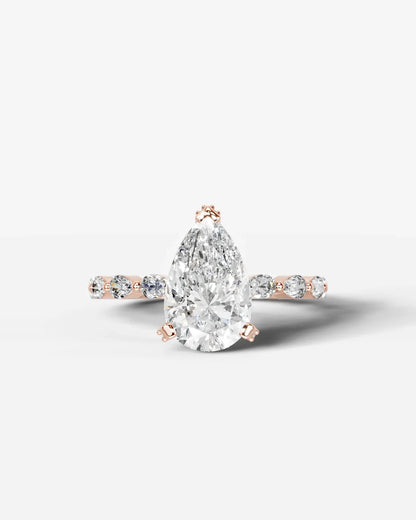 Pear Cut Hidden Halo Lab Grown Diamond Engagement Ring with Pear Side Stones| D VS1