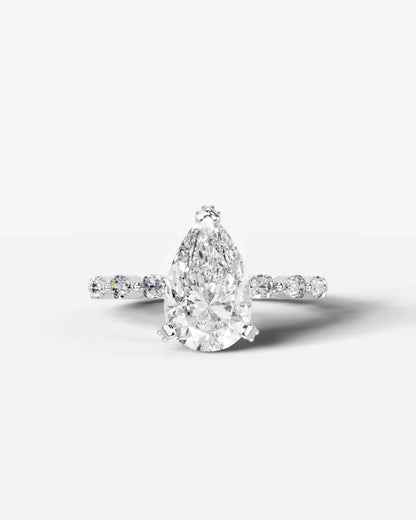 Pear Cut Hidden Halo Lab Grown Diamond Engagement Ring with Pear Side Stones| D VS1