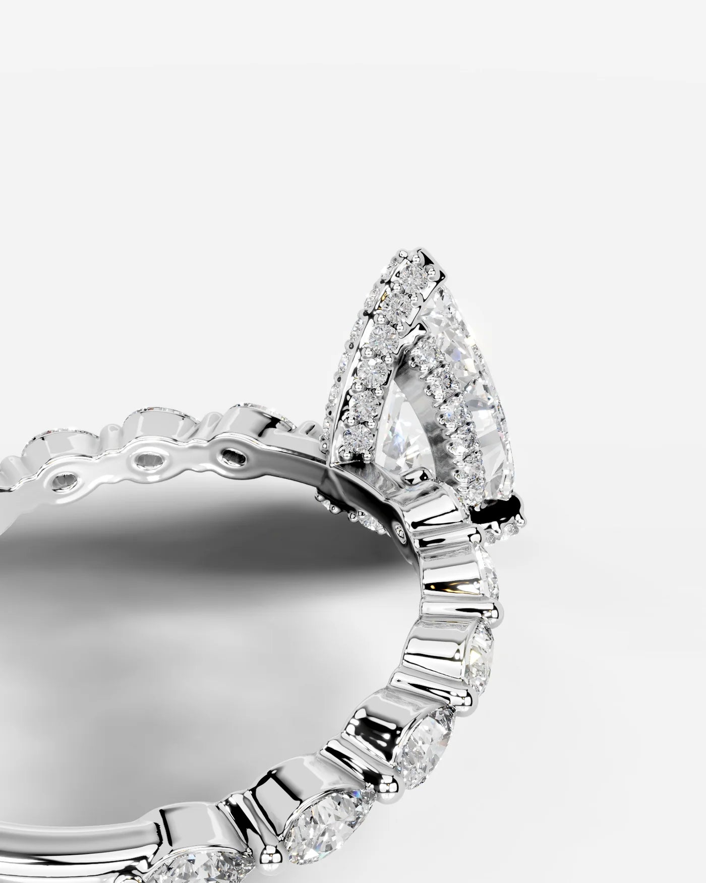 Pear Cut Hidden Halo Lab Grown Diamond Engagement Ring with Pear Side Stones| D VS1