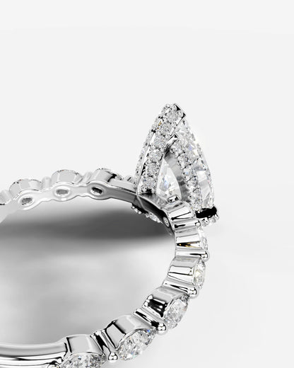Pear Cut Hidden Halo Lab Grown Diamond Engagement Ring with Pear Side Stones| D VS1
