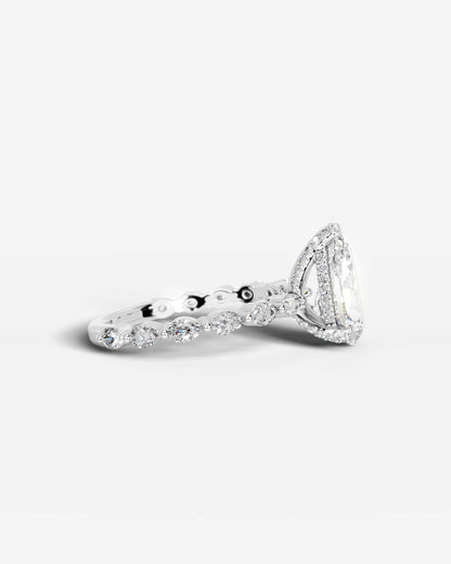 Pear Cut Hidden Halo Lab Grown Diamond Engagement Ring with Pear Side Stones| D VS1