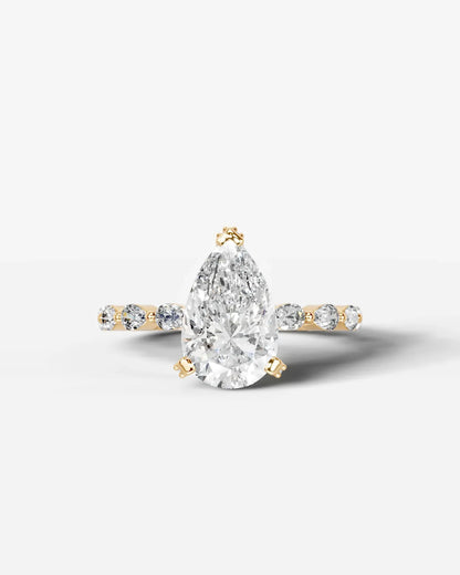 Pear Cut Hidden Halo Lab Grown Diamond Engagement Ring with Pear Side Stones| D VS1