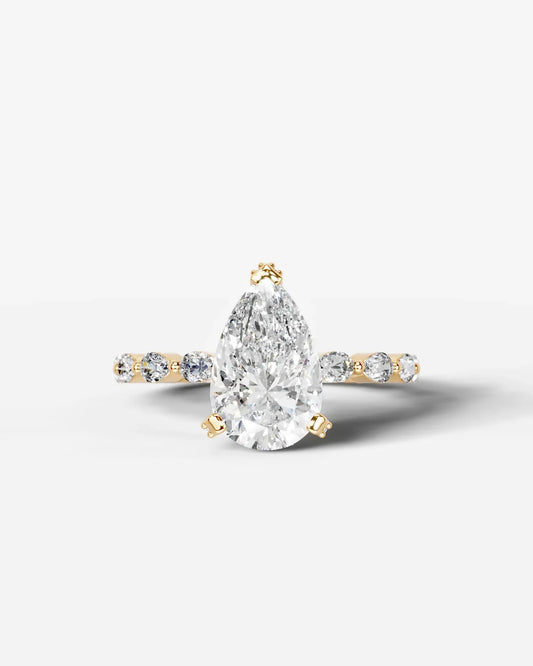 Pear Cut Hidden Halo Lab Grown Diamond Engagement Ring with Pear Side Stones| D VS1
