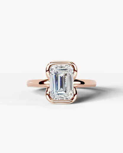 Emerald Cut Lab Diamond bezel Engagement Ring with collar prong| D VS1