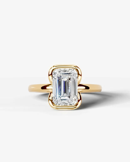 Emerald Cut Lab Diamond bezel Engagement Ring with collar prong| D VS1