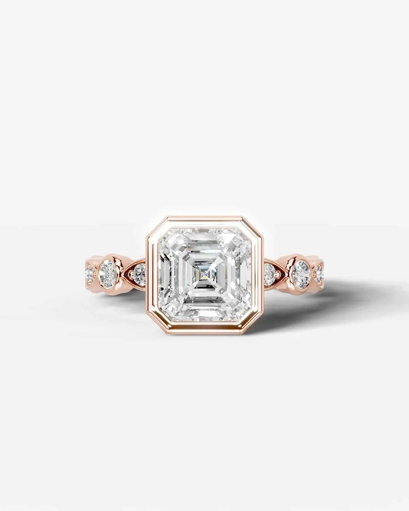 Asscher Cut Lab Diamond bezel Engagement Ring with bezel set side stones| D VS1