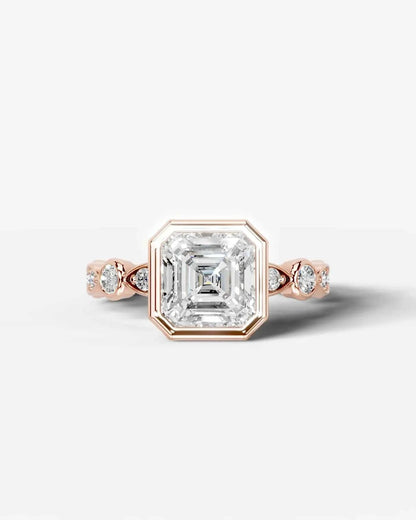Asscher Cut Lab Diamond bezel Engagement Ring with bezel set side stones| D VS1