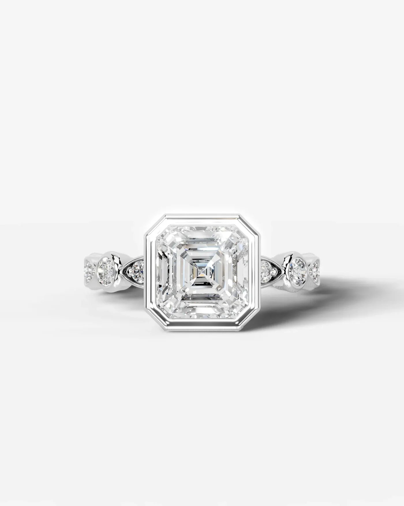 Asscher Cut Lab Diamond bezel Engagement Ring with bezel set side stones| D VS1