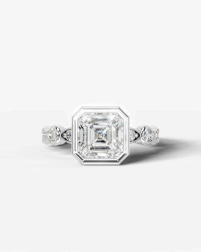 Asscher Cut Lab Diamond bezel Engagement Ring with bezel set side stones| D VS1